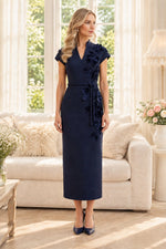 3D Floral Applique Cap Sleeve Column Dress