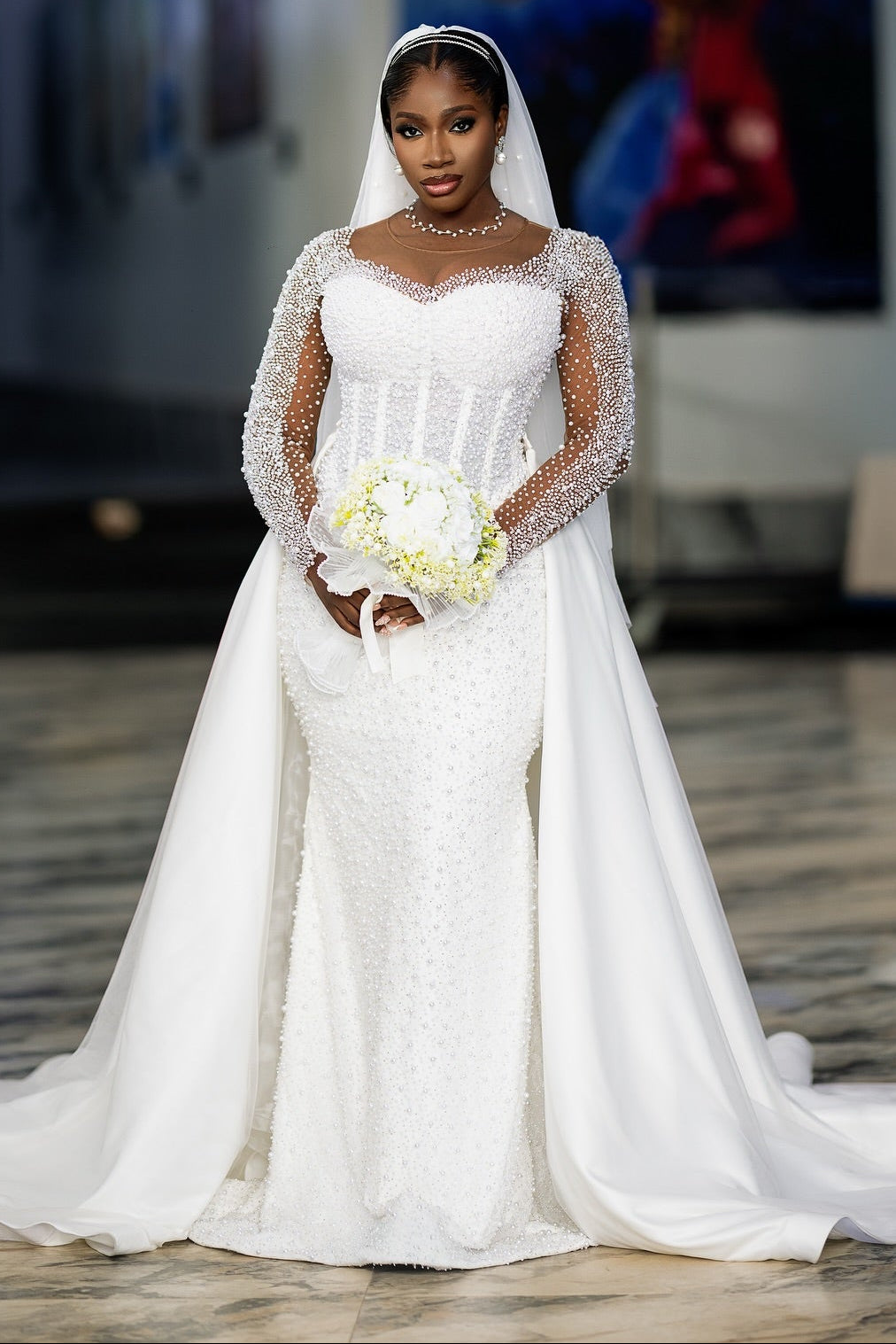 Long Sleeve Pearl Mermaid Wedding Dress with Overskirt