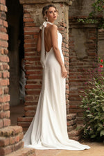 Halter Neck Backless Crepe Wedding Dress with 3D Flower