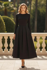 Long Sleeve Pleated Tea-Length A-Line Dress