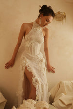 Halter Neck Lace Corset Wedding Dress with High Slit