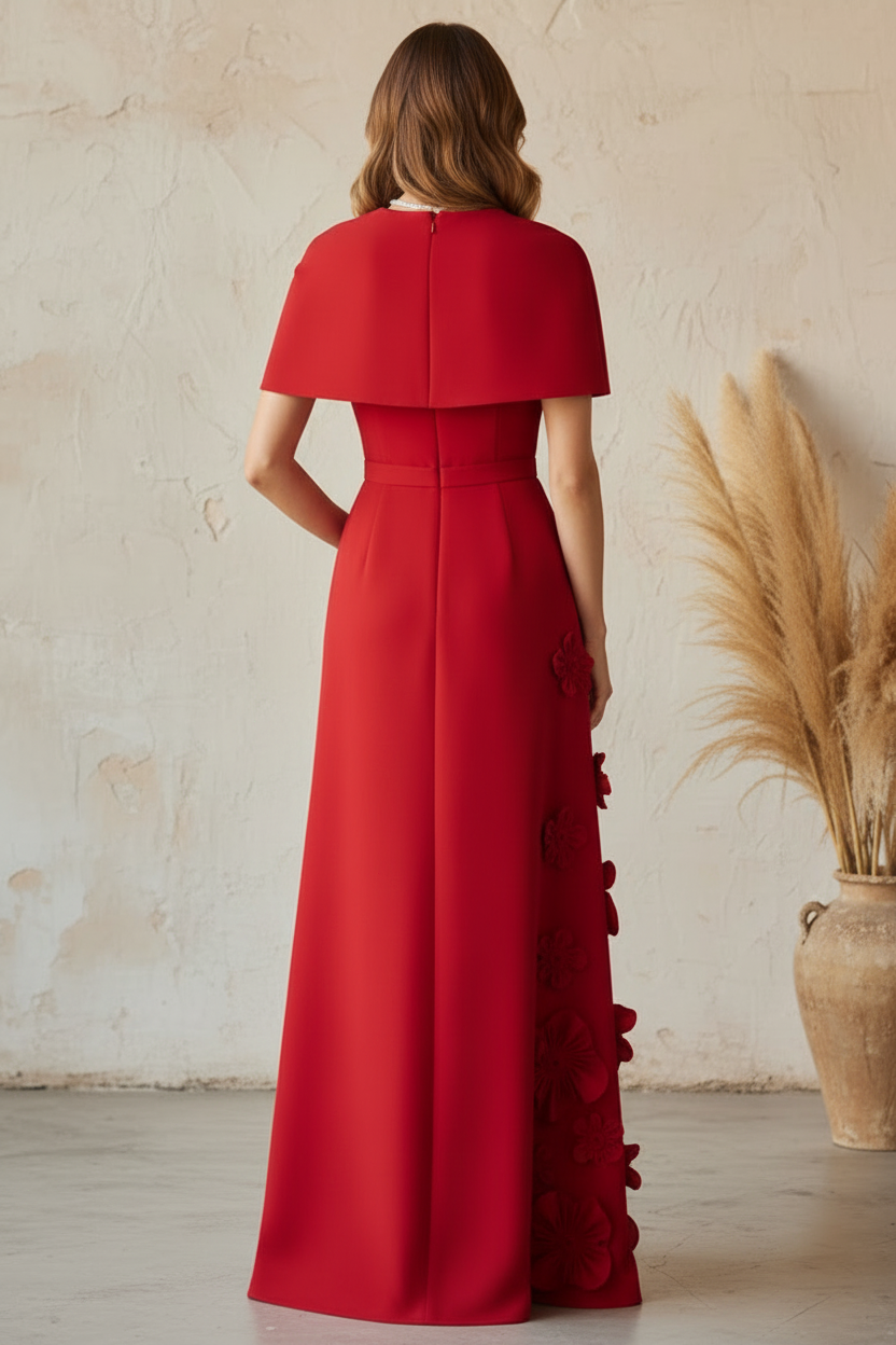 Red Crepe Bateau Neck Cape 3D Floral Formal Dress