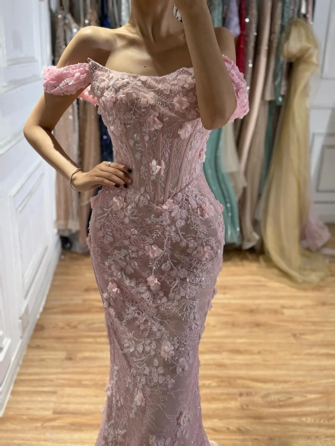 Off-the-Shoulder Corset 3D Floral Mermaid Gown