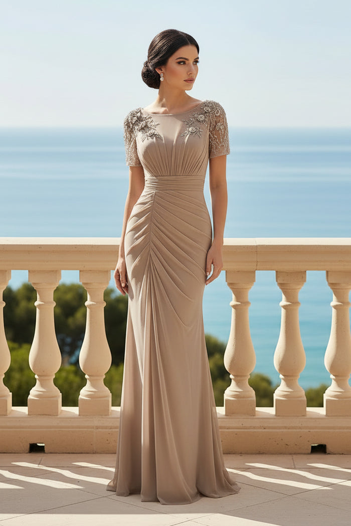Illusion Beaded Floral Sleeve Mermaid Evening Gown