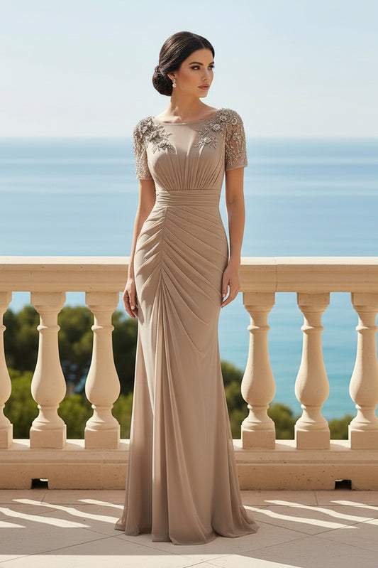 Illusion Beaded Floral Sleeve Mermaid Evening Gown