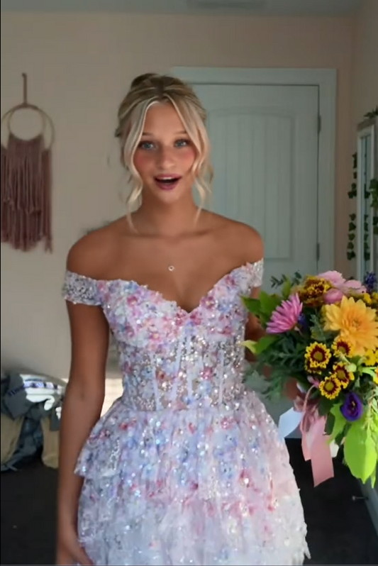 Tiered Off-the-Shoulder 3D Floral Mini Dress
