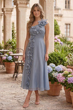 One-Shoulder Floral Appliqué Midi Dress