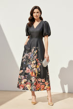 Floral Print Puff Sleeve V-Neck Midi Dress