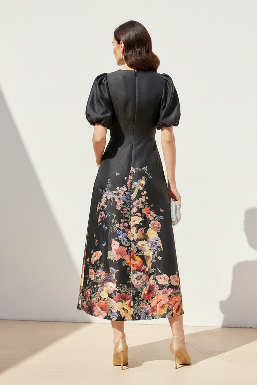 Floral Print Puff Sleeve V-Neck Midi Dress