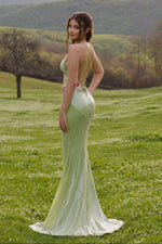 Embroidered Sequin Mermaid Gown with Open Back