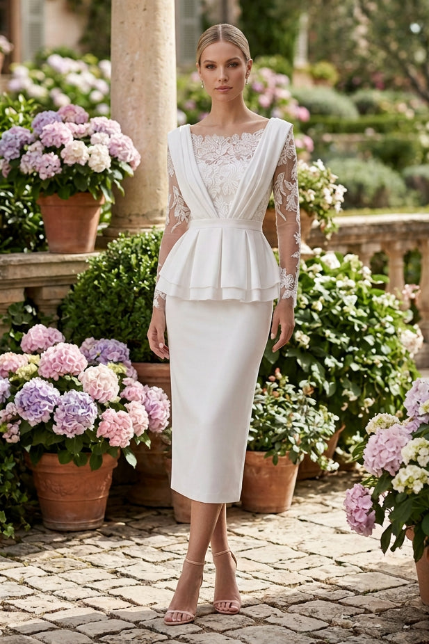 Lace Illusion Peplum Midi Sheath Dress