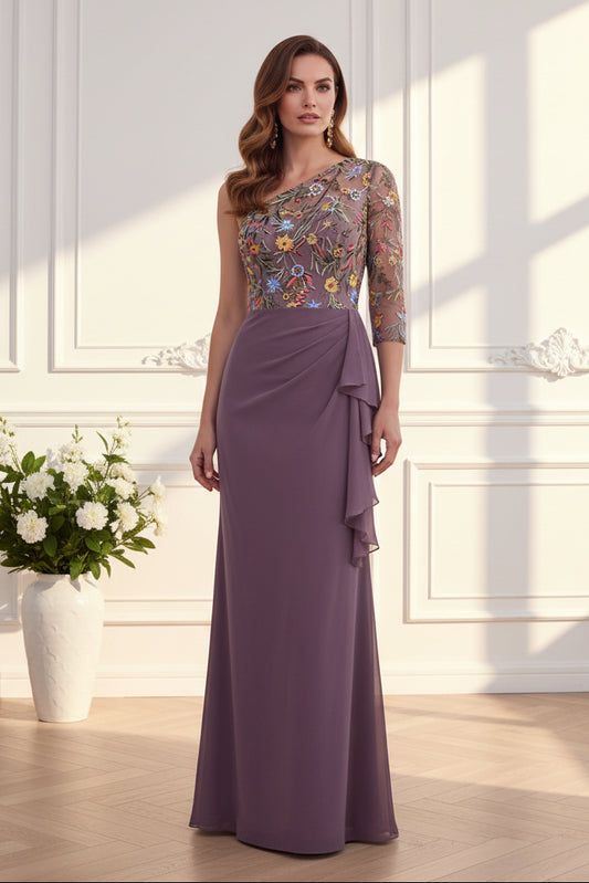 One-Shoulder Embroidered Evening Gown