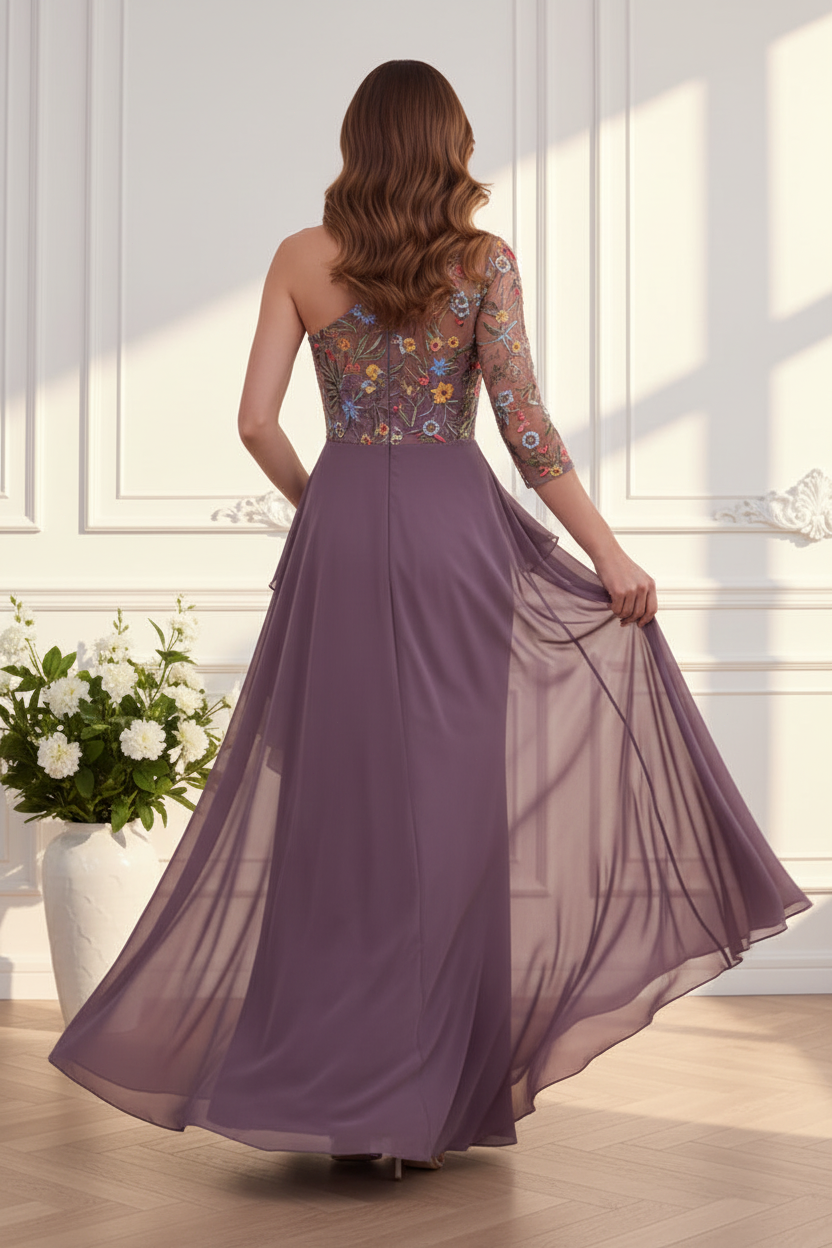 One-Shoulder Embroidered Evening Gown
