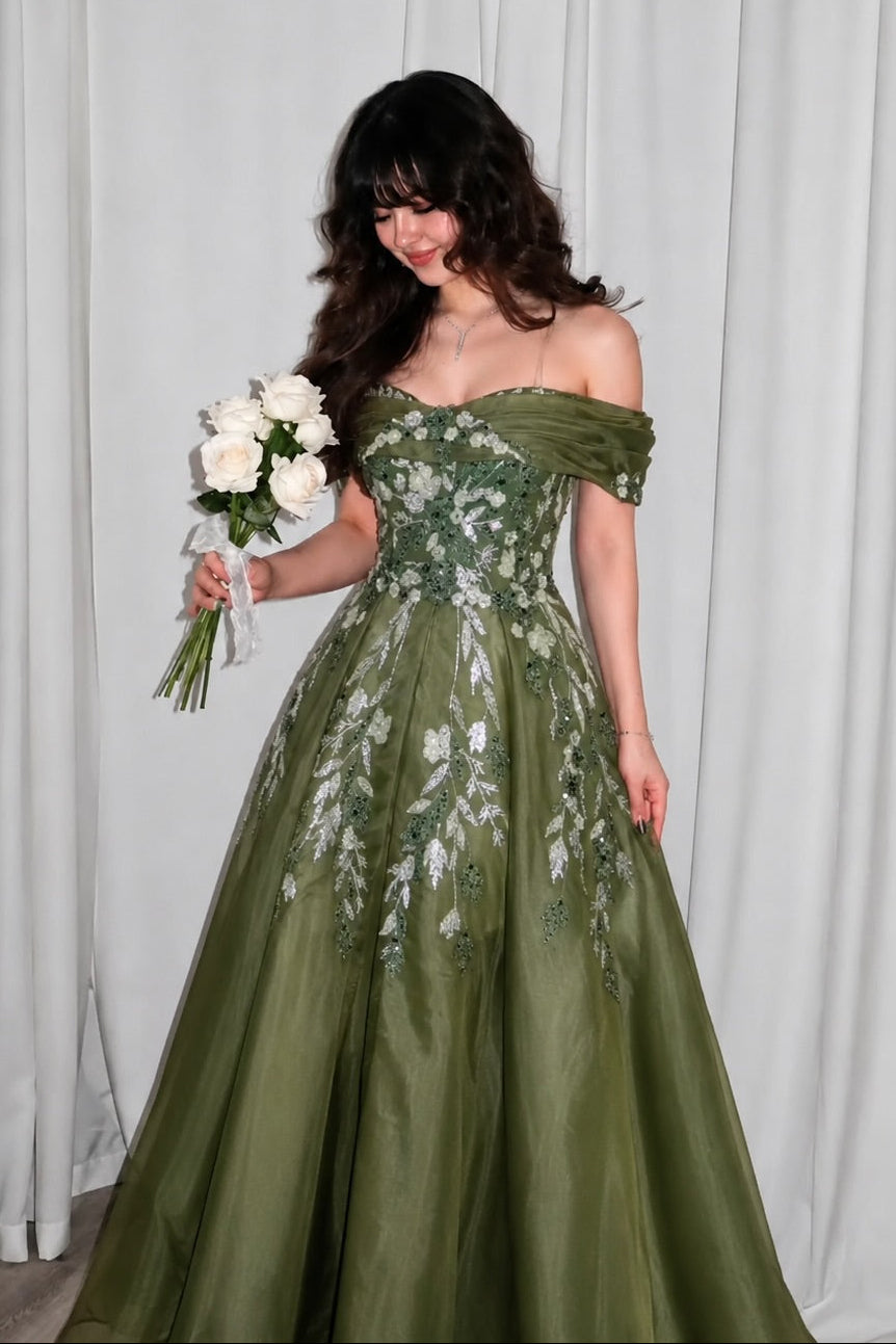 Floral Embroidered Off-the-Shoulder A-Line Gown