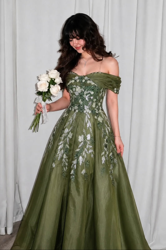 Floral Embroidered Off-the-Shoulder A-Line Gown