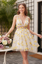 Floral Embroidered Mesh Mini Dress with Lace-Up Back