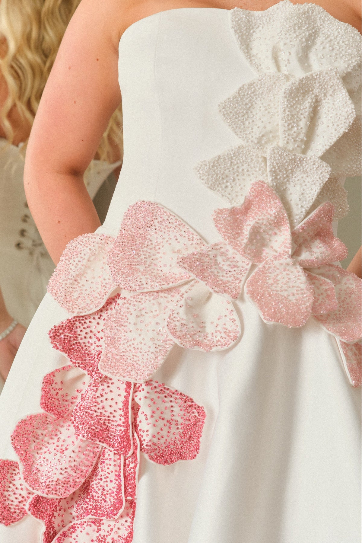 Strapless Floral Applique Ball Gown with Pockets