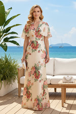 Floral Print Cape Sleeve Maxi Dress with V-Neck
