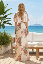 Floral Print Cape Sleeve Maxi Dress with V-Neck
