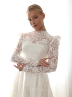 High-Neck Lace A-Line Wedding Dress with Long Sleeves