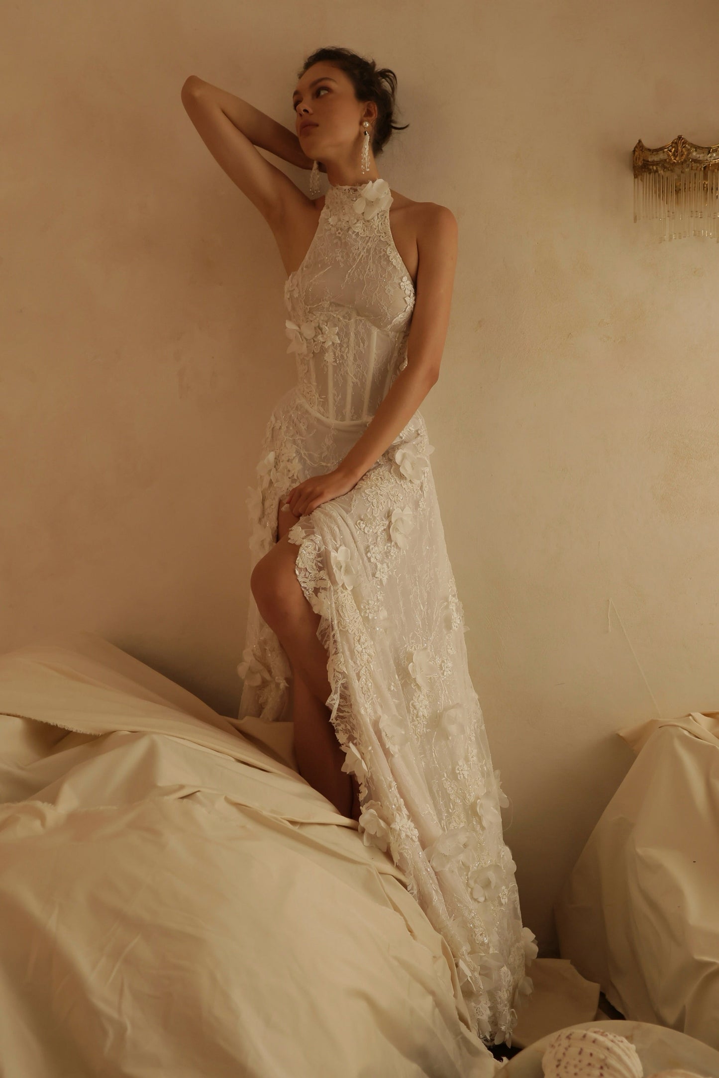 Halter Neck Lace Corset Wedding Dress with High Slit