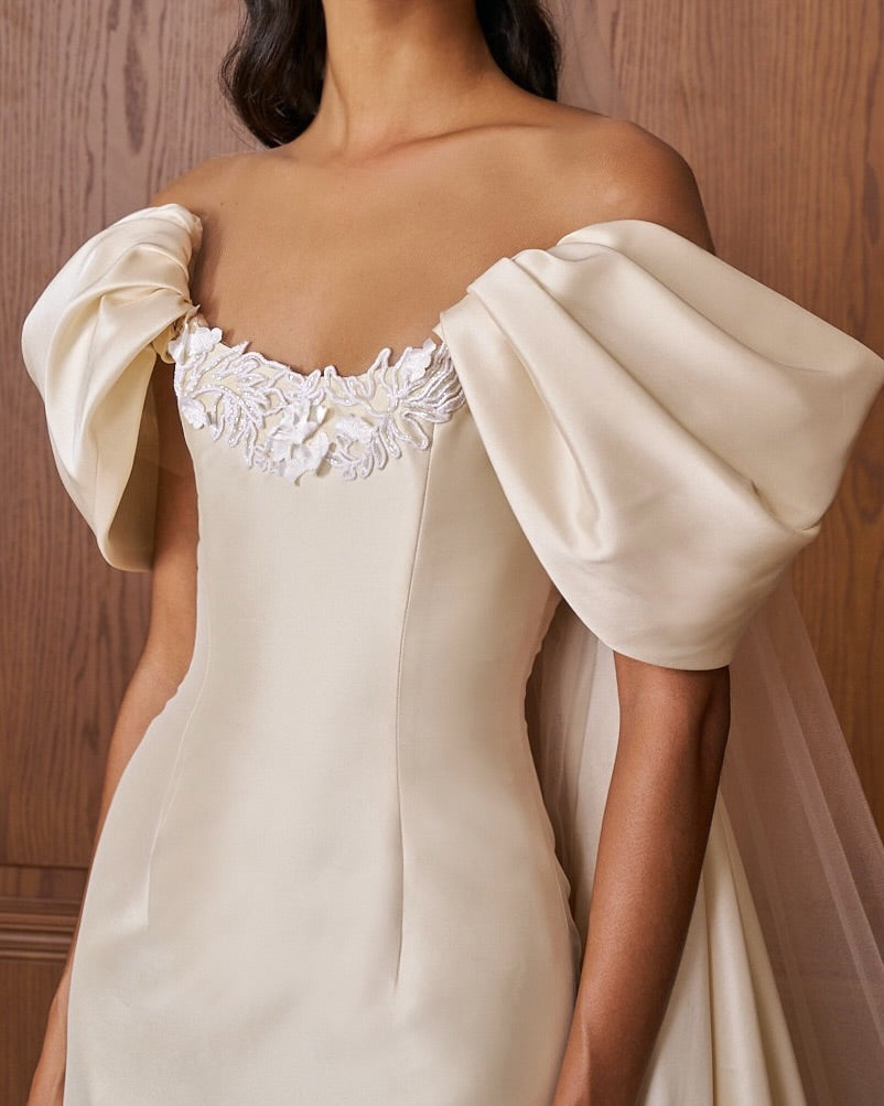 Off-the-Shoulder Satin Wedding Dress with Watteau Train