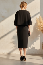 Minimalist Black Midi Dress with Cape & 3D Floral Embellishment