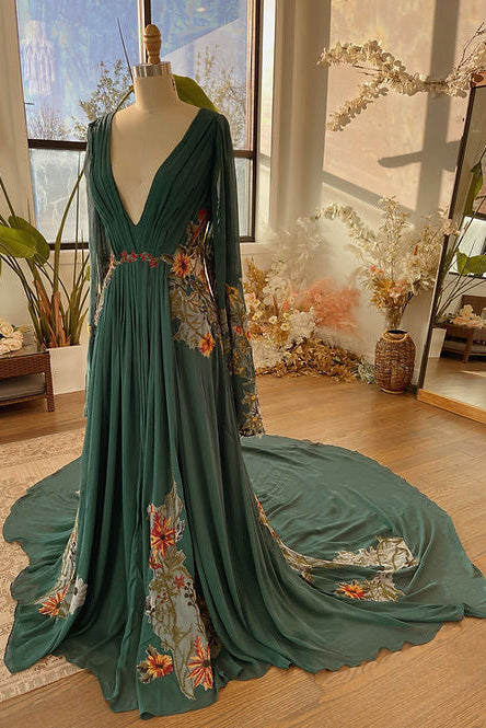 Deep V-Neck Long Sleeve Boho Floral Chiffon Gown