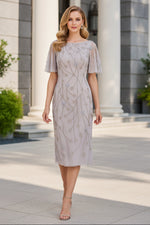 Beaded Flutter Sleeve Sheath Midi Dress