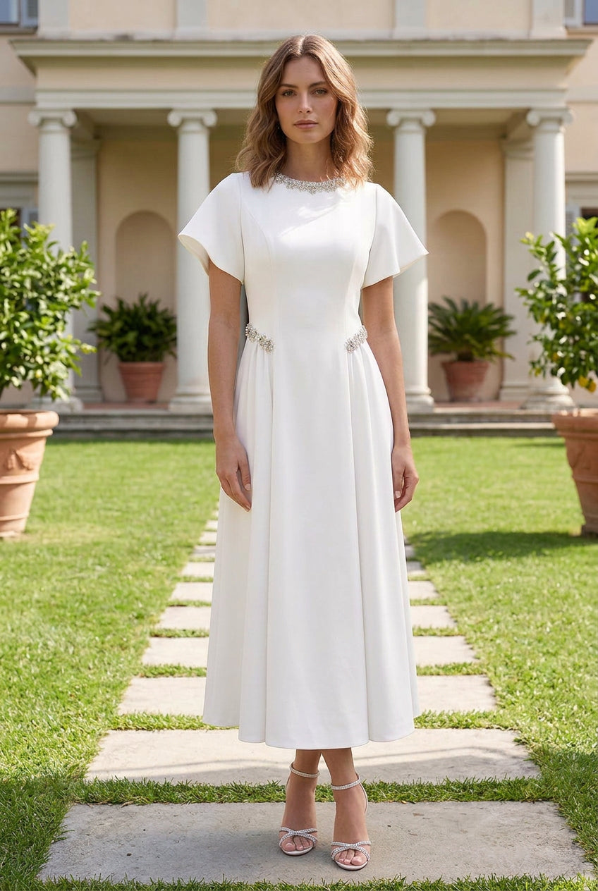 Embellished A-Line Midi Dress with Flutter Sleeves