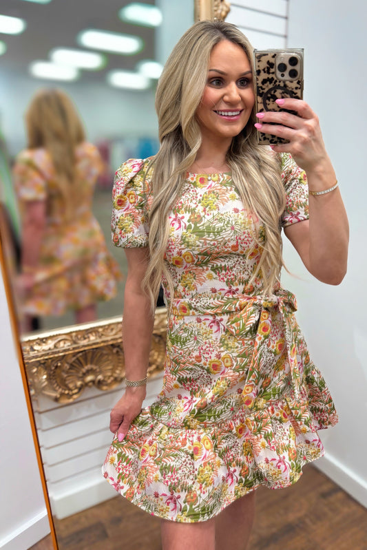 Floral Puff Sleeve Mini Dress with Tie Waist