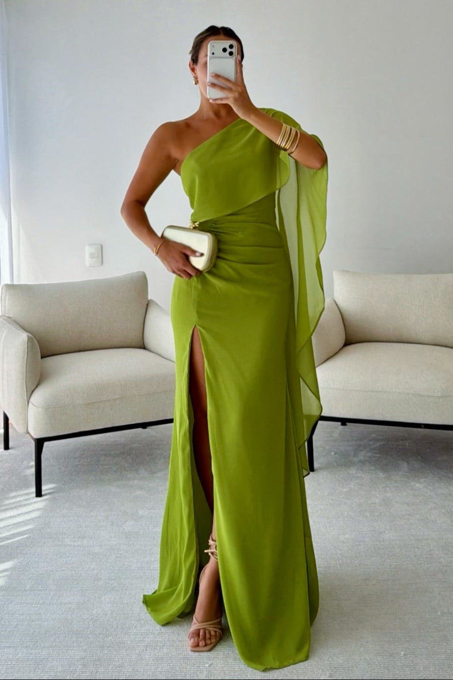 Elegant One-Shoulder Chiffon Gown with Cape Detail