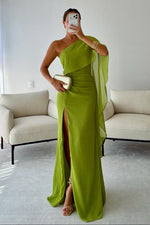 Elegant One-Shoulder Chiffon Gown with Cape Detail
