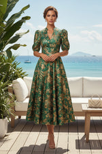 Floral Jacquard Puff Sleeve Midi Dress