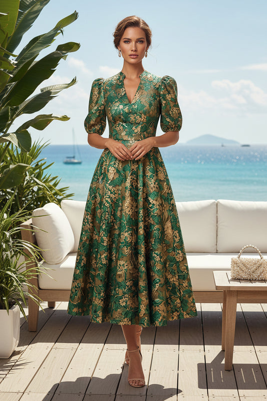 Floral Jacquard Puff Sleeve Midi Dress