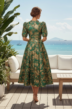Floral Jacquard Puff Sleeve Midi Dress