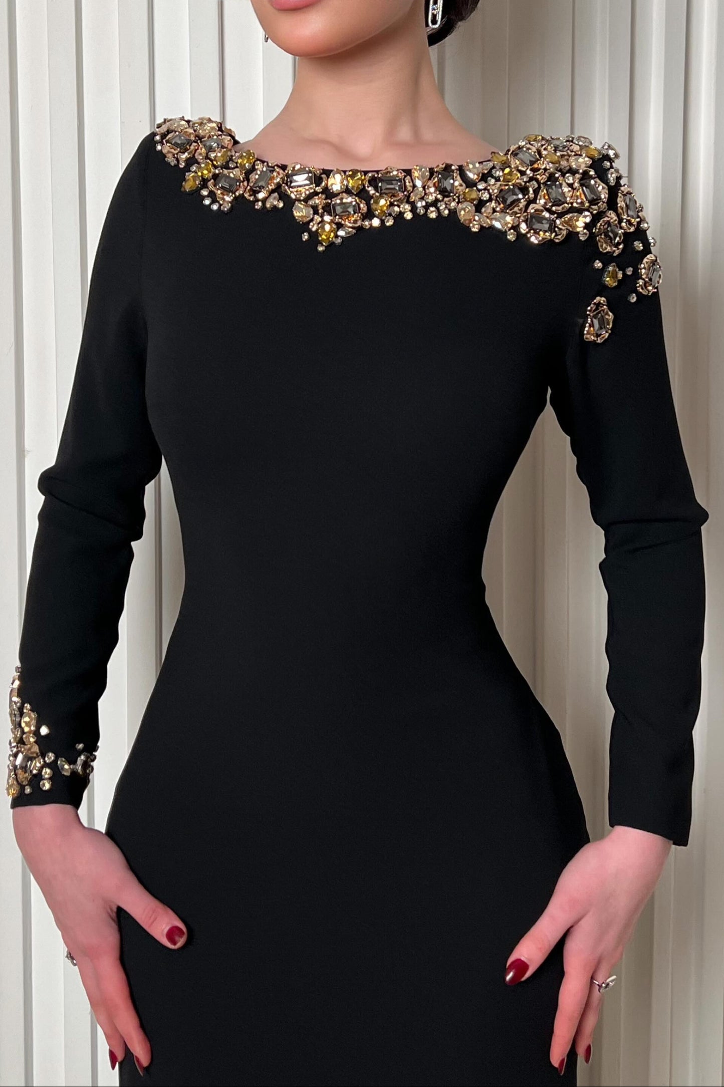 Beaded Bateau Neck Open Back Evening Gown