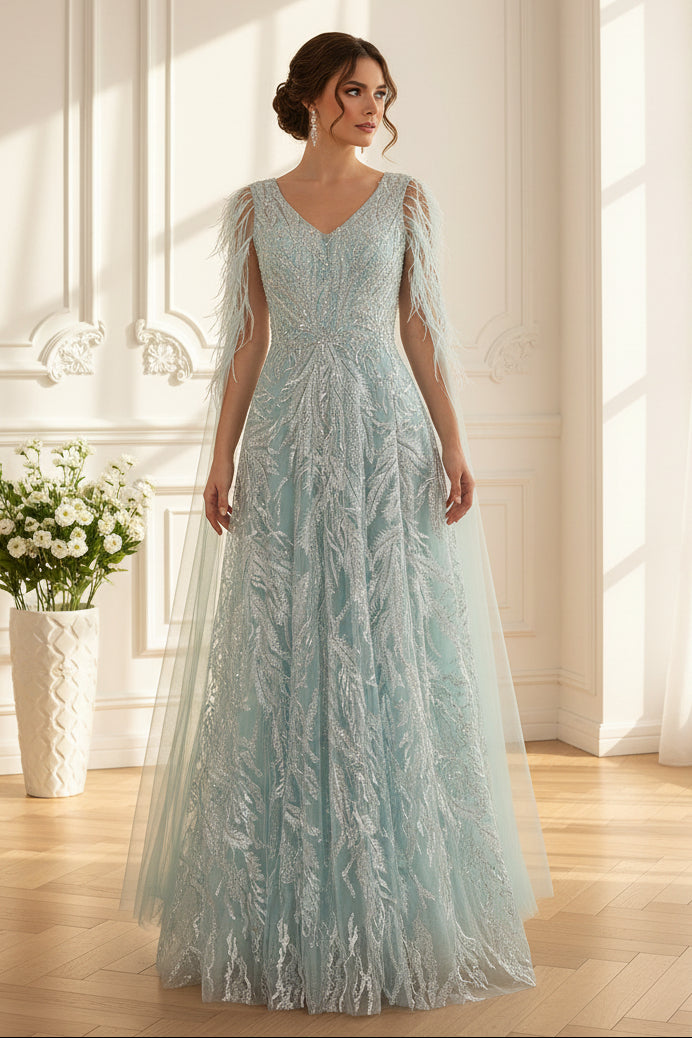 Beaded A-Line Gown with Feather Cape Sleeves