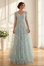 Beaded A-Line Gown with Feather Cape Sleeves