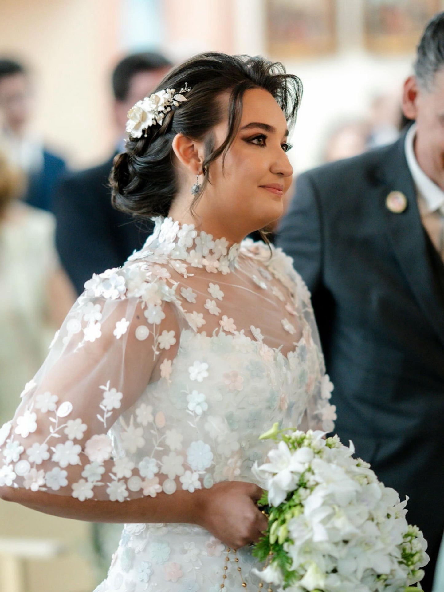 Illusion High Neck Flutter Sleeve A-Line Bridal Gown