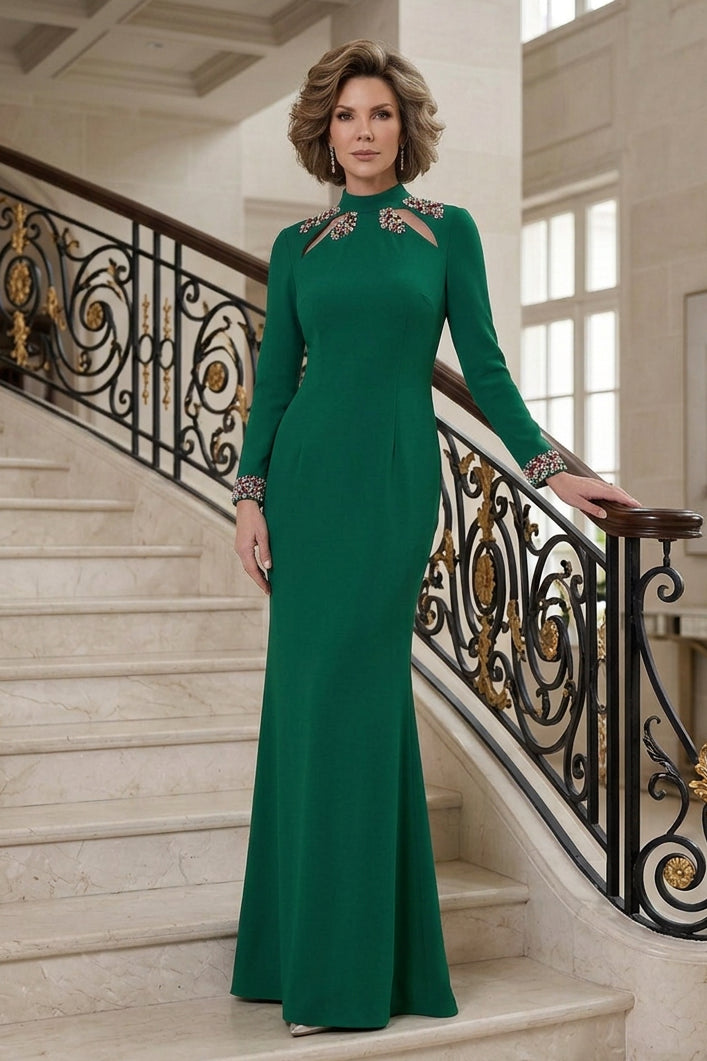 High Neck Cut-Out Gown with Embellished Trim