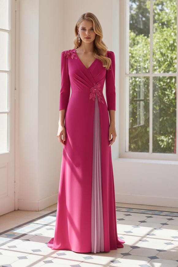 V-Neck 3/4 Sleeve Ruched Evening Gown with Appliques
