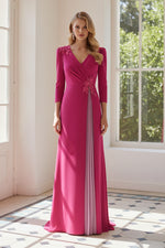 V-Neck 3/4 Sleeve Ruched Evening Gown with Appliques