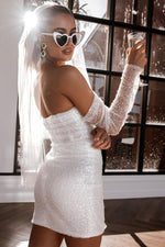 Off-The-Shoulder Ruched Sequin Bridal Mini Dress