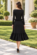 Bateau Neck Ruffled Peplum Midi Dress with Flounce Hem