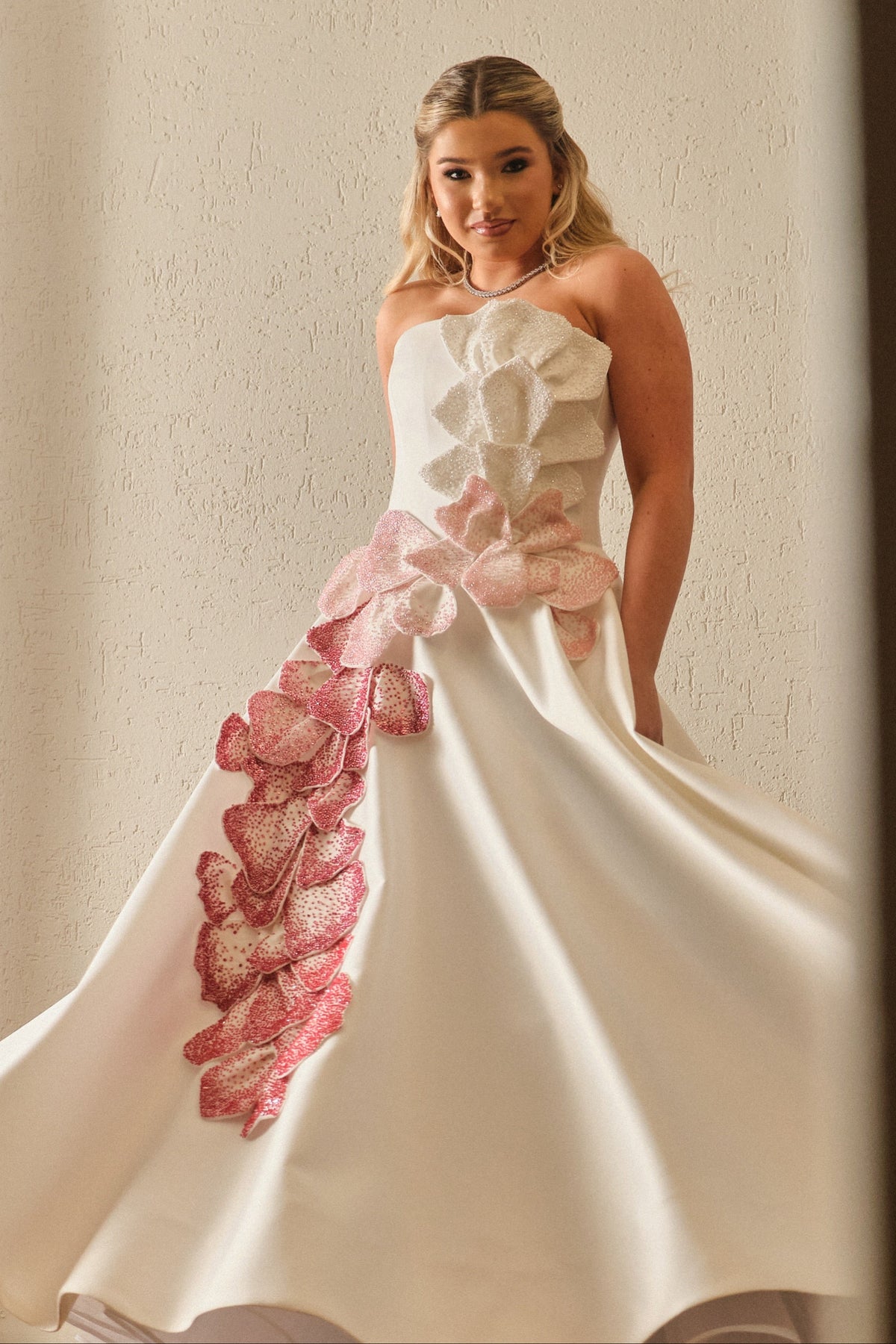 Strapless Floral Applique Ball Gown with Pockets