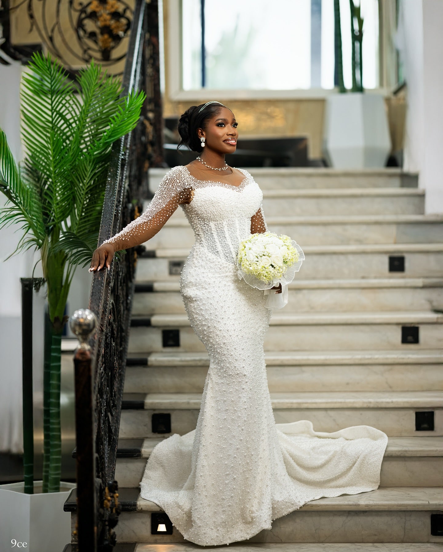 Long Sleeve Pearl Mermaid Wedding Dress with Overskirt