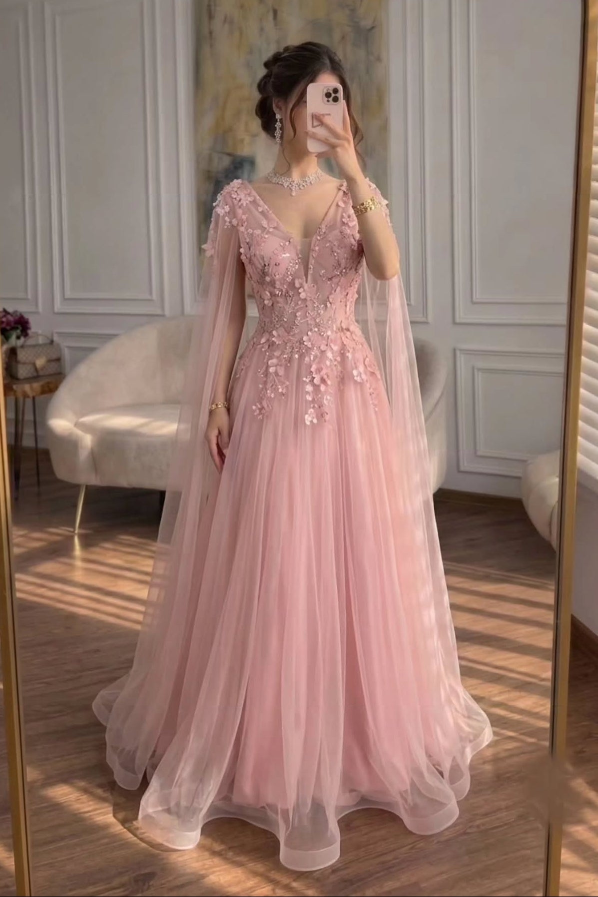 3D Floral Cape Sleeve Tulle A-Line Gown