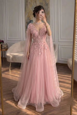 3D Floral Cape Sleeve Tulle A-Line Gown