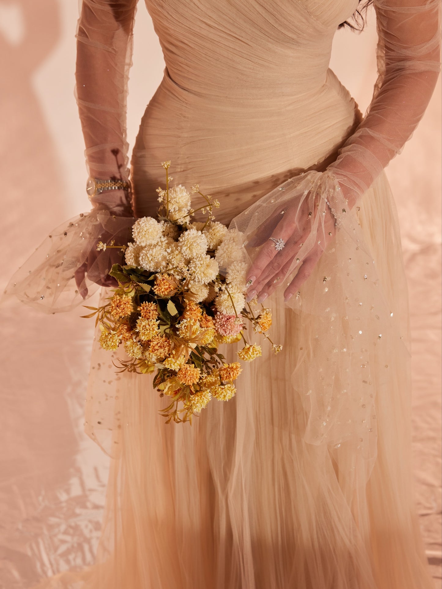 Off-the-Shoulder Ruched Tulle Evening Gown